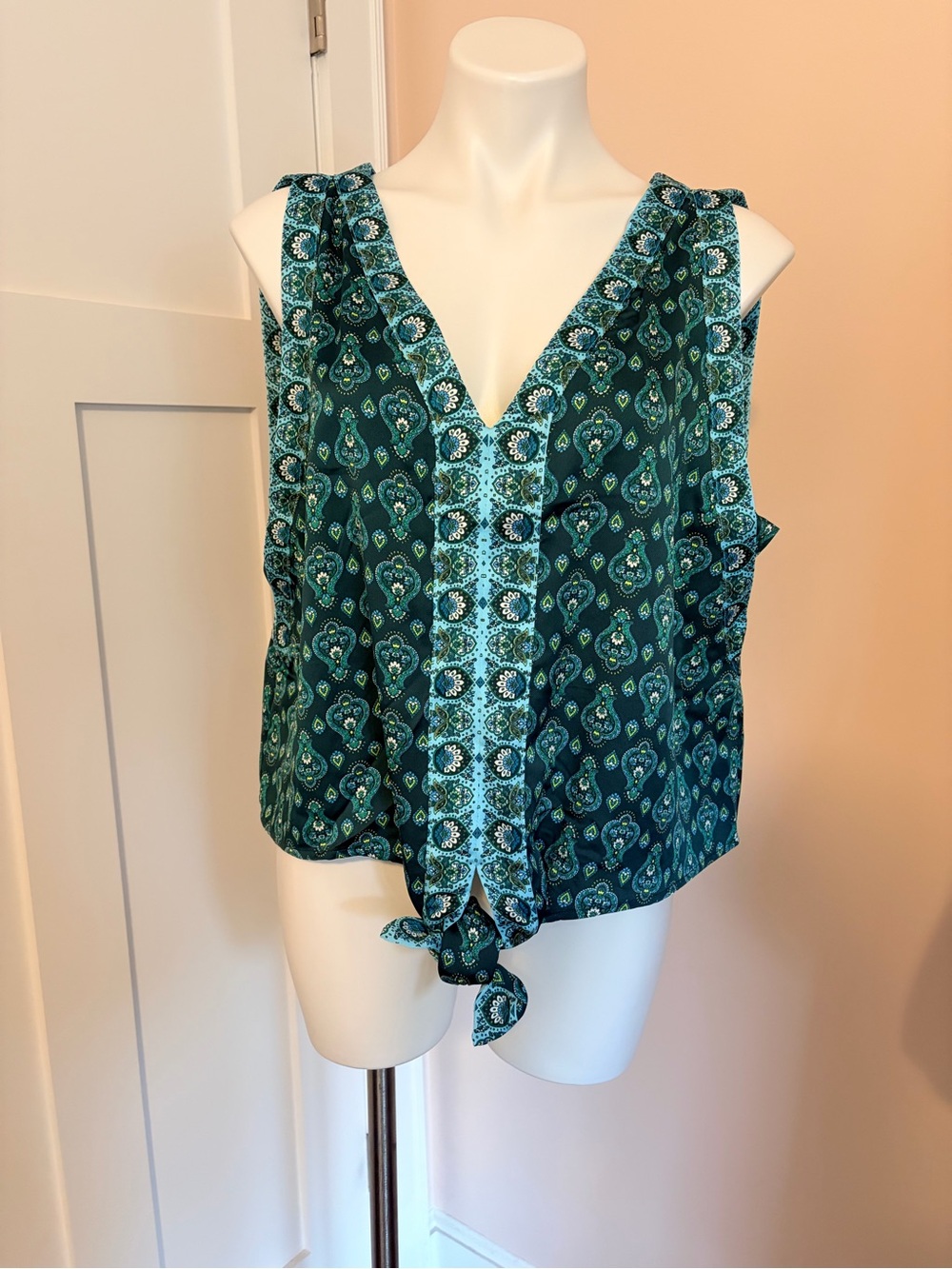 Printed Teal Green V-Neck Tie-Front Camisole